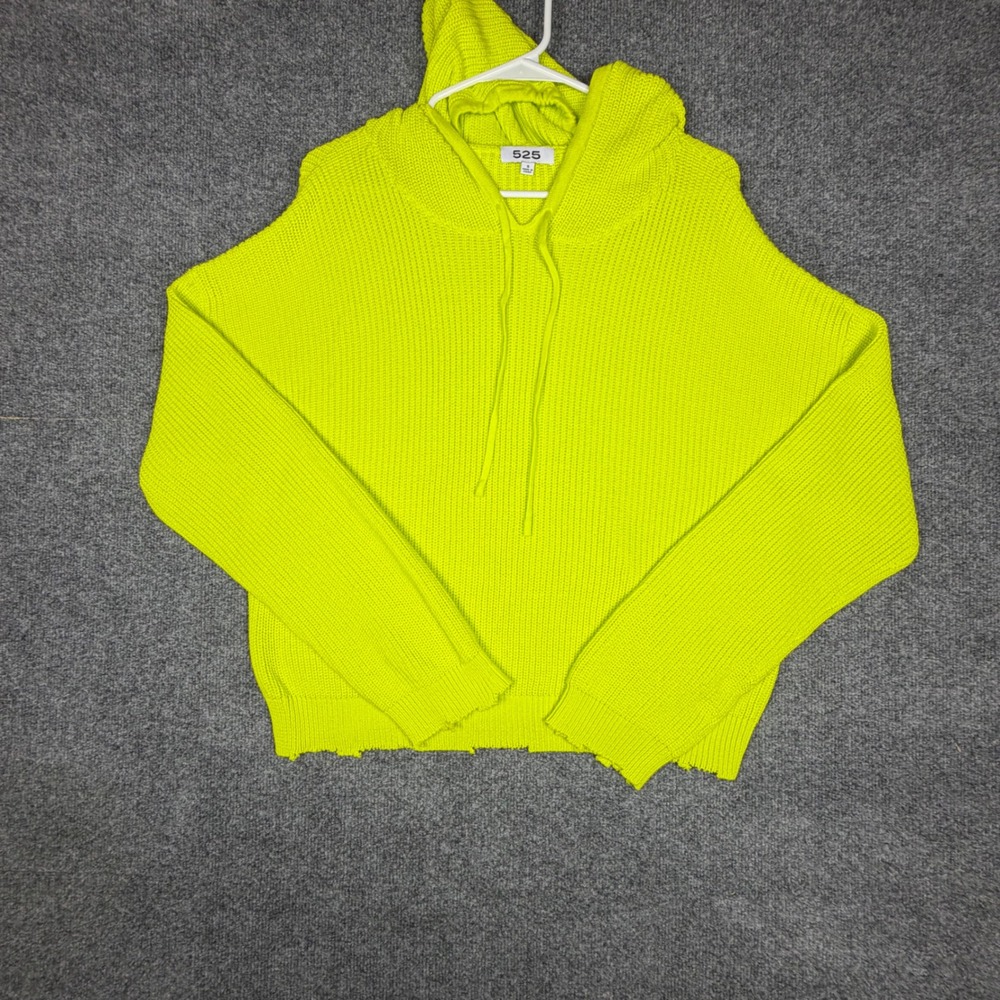 525 America Neon Yellow Cotton Knit Distressed Hem Hoodie Sweater Womens Small